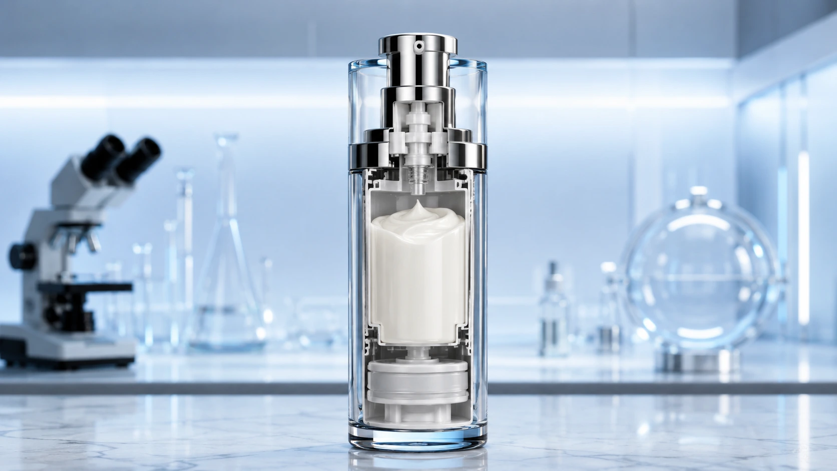 Airless şişe iç mekanizması ve vakumlu piston sisteminin çalışma prensibini gösteren teknik illüstrasyon.