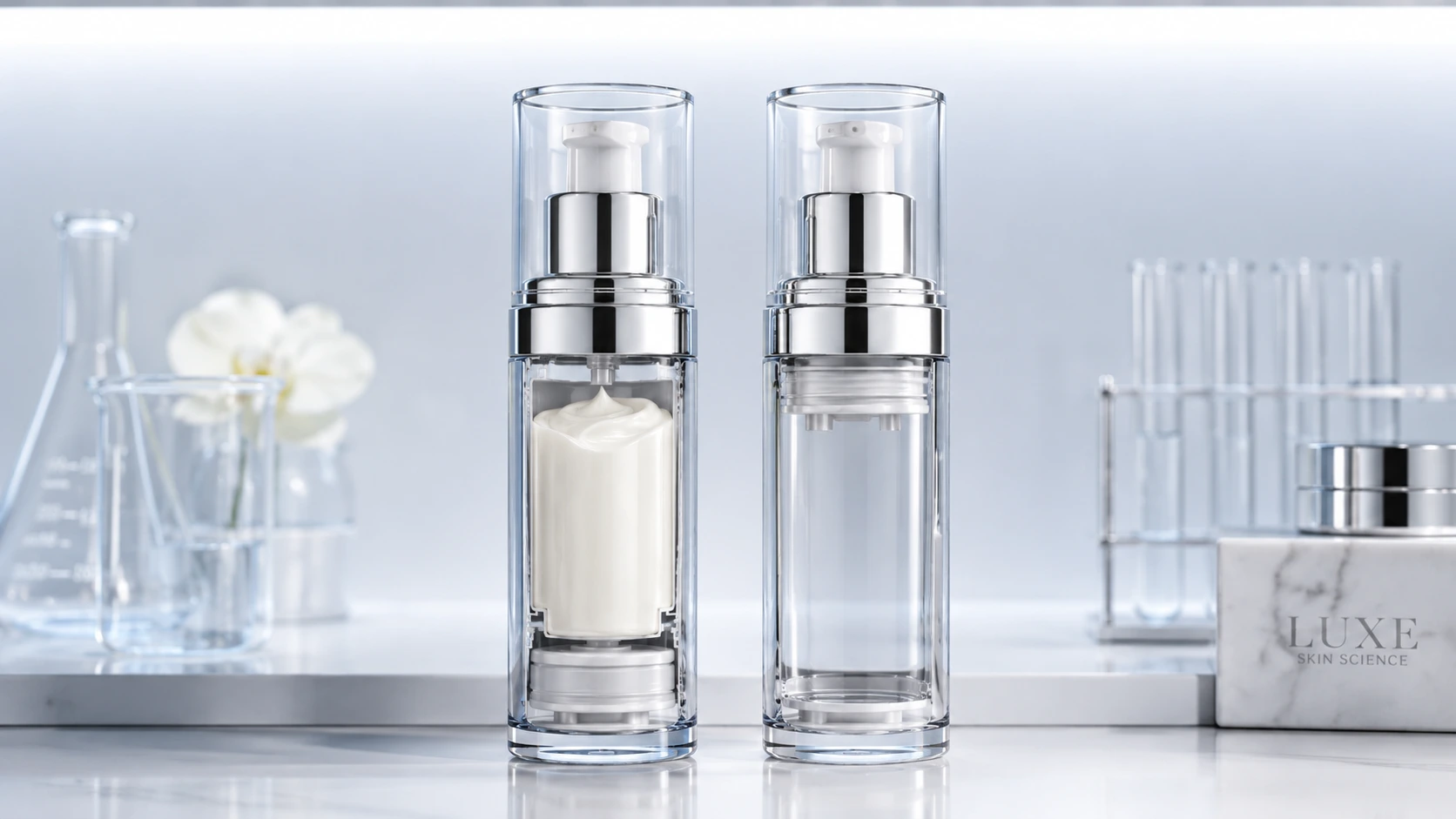 Airless şişenin son damlaya kadar kullanımını gösteren, yukarı çıkmış piston mekanizması görünümü.
