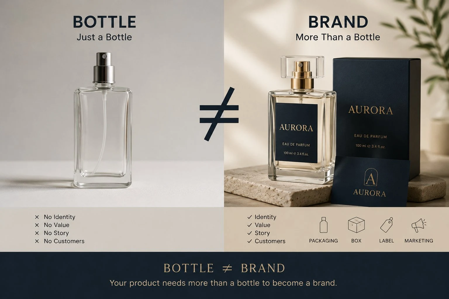 Side-by-side comparison of a plain perfume bottle versus a fully branded cosmetic packaging with identity, value and story.