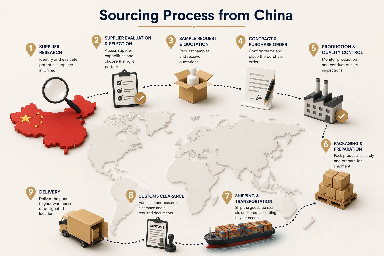 China cosmetic packaging sourcing process 9 steps: supplier research, sample request, contract, production, quality control, customs clearance and delivery.