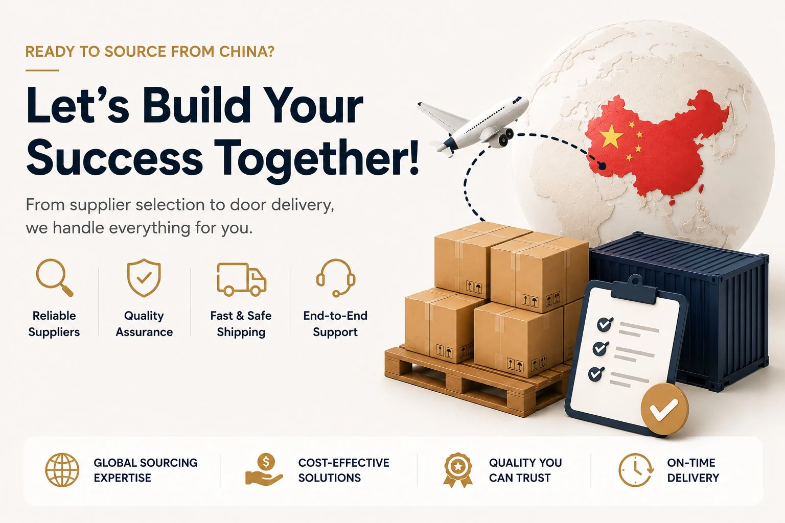 China cosmetic packaging sourcing: reliable supplier selection, quality assurance, fast shipping and end-to-end delivery service infographic.