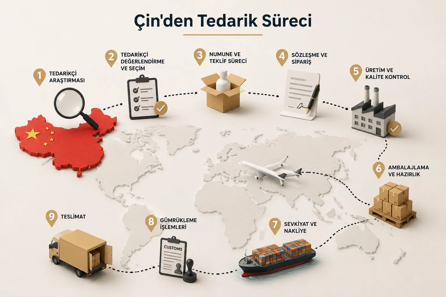 Çin'den kozmetik ambalaj tedarik süreci 9 adım: tedarikçi araştırması, numune, sözleşme, üretim, kalite kontrol, gümrükleme ve teslimat.
