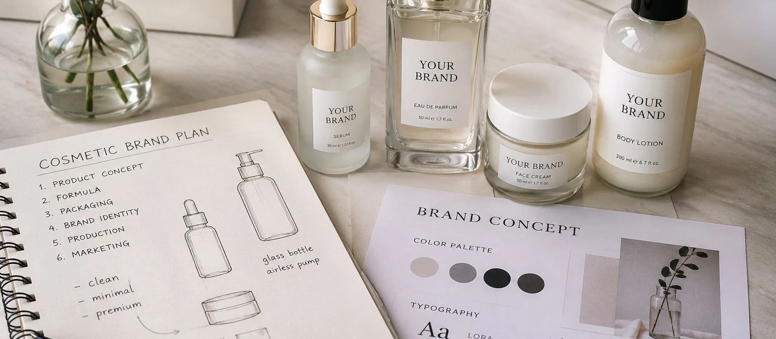 Cosmetic brand plan notebook with product checklist beside serum bottle, perfume, face cream jar and body lotion on marble surface.