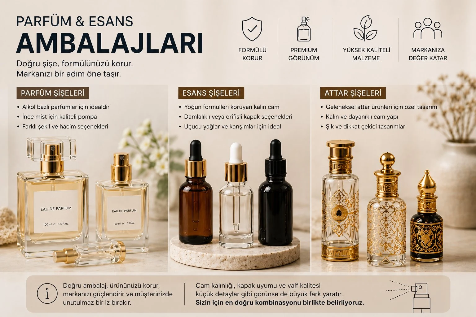 Parfüm şişesi, esans damlalık şişesi ve attar ambalajı çeşitleri; cam kalınlığı, valf ve kapak seçenekleri karşılaştırması.