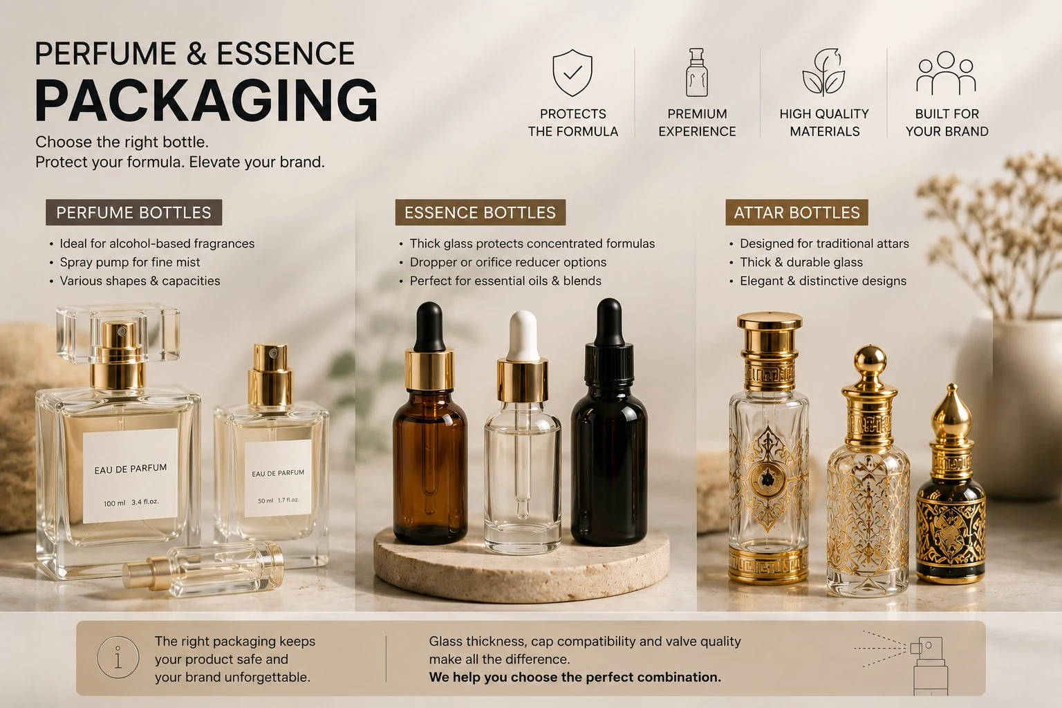 Perfume bottle, essence dropper bottle and attar packaging types: glass thickness, valve and cap options comparison.